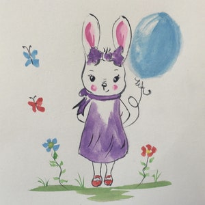 carte postale aquarelle peinte main lapin humanisé pour fillette