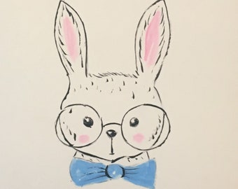 Aquarelle peinte main sur carte postale - lapin- humour -enfant