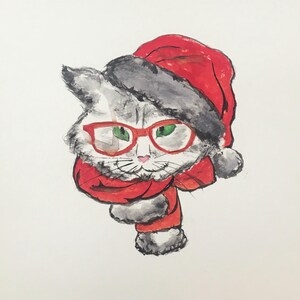 Carte postale aquarelle peinte main chat Noël