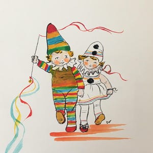 carte aquarelle peinte main enfants Arlequin Colombine