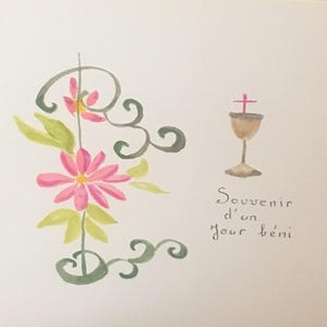 Carte postale aquarelle peinte main motif religieux fleurs et calice