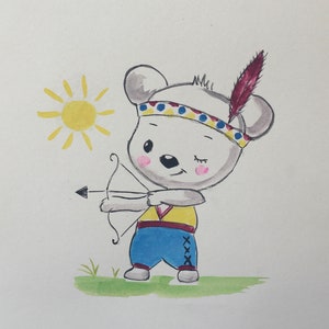 Carte postale aquarelle peinte main ourson petit garçon