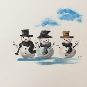 Carte postale hiver bonhommes de neige aquarelle peinte main