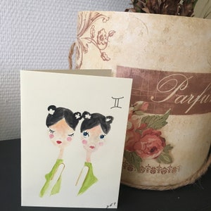 Carte postale aquarelle peinte main signe zodiaque gémeaux