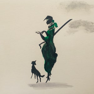 Carte postale aquarelle peinte main silhouette féminine  d'époque monochrome
