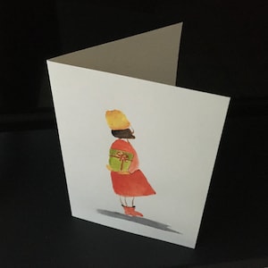 Aquarelle peinte main sur carte postale  - fillette et cadeau -