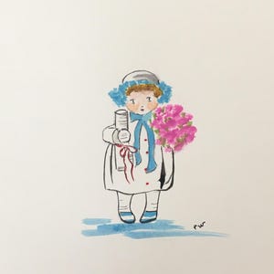 Carte aquarelle peinte main petite fille bouquet