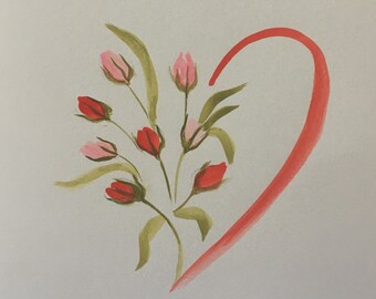 Carte postale aquarelle peinte main fleurs coeur