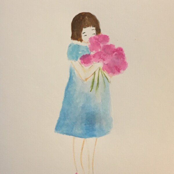 aquarelle peinte main sur carte postale petite fille - fleurs -