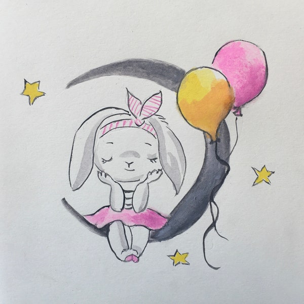 Carte postale aquarelle peinte main petite fille lapin