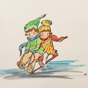 Carte aquarelle peinte main enfants luge hiver