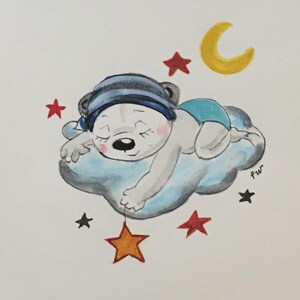 Carte postale aquarelle peinte main ourson nuage