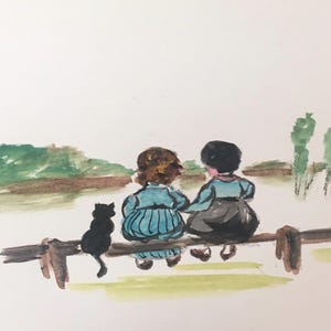 Carte postale aquarelle peinte main enfants paysage