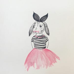 Carte postale aquarelle peinte main lapine humanisée humour
