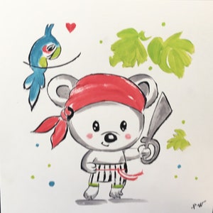 Aquarelle peinte main sur carte postale - enfant - pirate