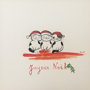 Carte aquarelle peinte main chats Noël