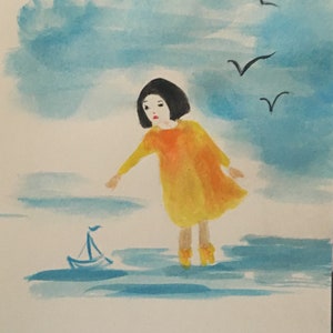 Carte postale aquarelle peinte main petite fille mer