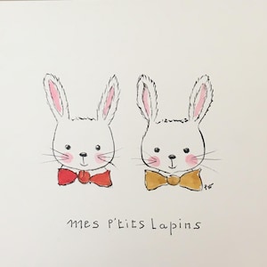 Aquarelle peinte main carte postale lapins  enfants