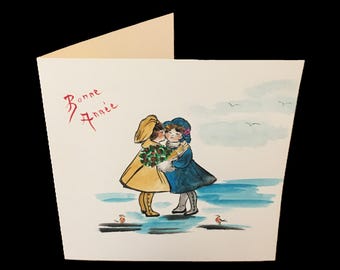 Carte postale aquarelle peinte main enfants bonne année