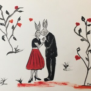 Carte postale aquarelle peinte main Saint Valentin lapins humanisés