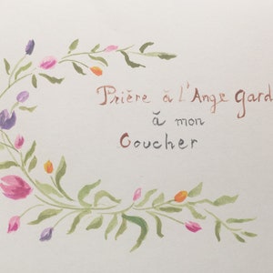 Carte postale aquarelle peinte main Prière Ange Gardien  frise fleurs