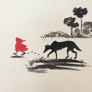 Carte postale aquarelle peinte main chaperon rouge loup