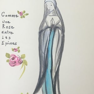 carte Vierge Marie aquarelle peinte main roses
