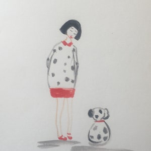 carte postale aquarelle peinte main fillette chien