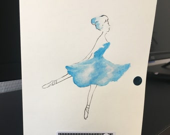 Aquarelle peinte main sur carte postale - Danseuse -