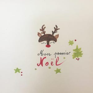 Carte postale aquarelle peinte main  renne naïf enfant  premier Noël