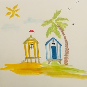Carte postale aquarelle peinte main cabines plage