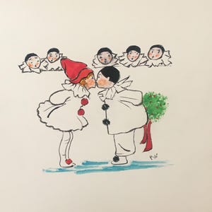 Carte aquarelle peinte main pierrots enfants