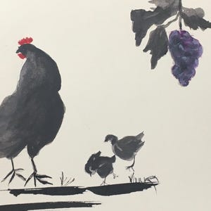 Carte postale aquarelle peinte main poule poussins raisin