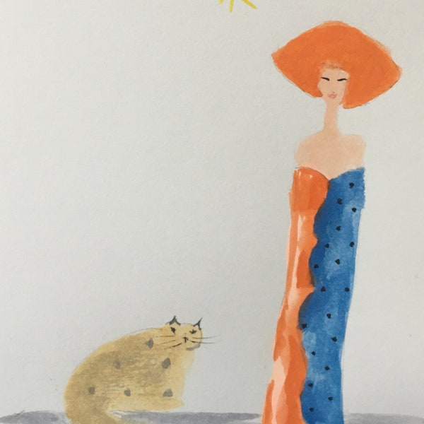 carte postale aquarelle peinte main femme Art nouveau et chat