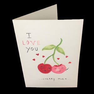 Carte postale aquarelle peinte main Saint Valentin Amour cerises