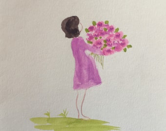 Carte postale aquarelle peinte main fillette bouquet fleurs