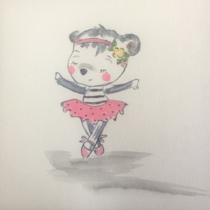 Carte postale aquarelle peinte main ourson danseuse