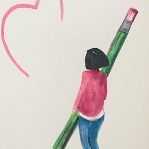 Carte aquarelle peinte main jeune fille coeur