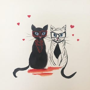 Carte aquarelle peinte main chats humanisés