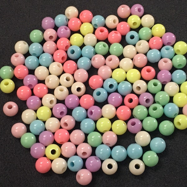 100 perles 6mm bijou cordon téléphone,ronde mix mélange pastel,jaune rose vert bleu ciel mauve crème,sept couleurs,plastique enfant