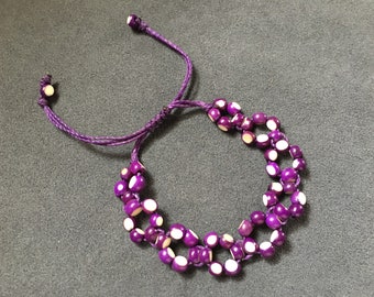 Bracelet graines,violet blanc, achira açaí,macramé,cordon ciré,Amazonie,écolo,enfant adulte,Pérou Brésil voyage,ajustable,cadeau Noël