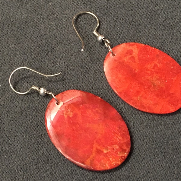 Red coral earrings, oval autumn, coral earrings, brick red, mermaid, mermaid, aretes coral rojo, conceptual, minimal