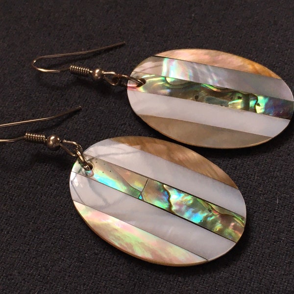 Art Deco mother-of-pearl earrings,abalone,iridescent,black white beige pink,oval shell,paua shell earrings,aretes concha nácar madreperla