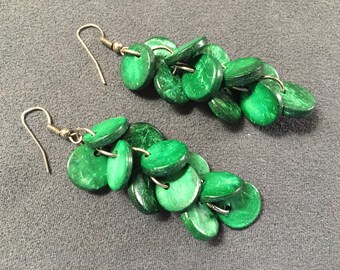 Boucles d'oreilles,bois de coco vert,boho,hippie,amazonie, écologique,earrings,cascade,plante arbre,açaí tagua