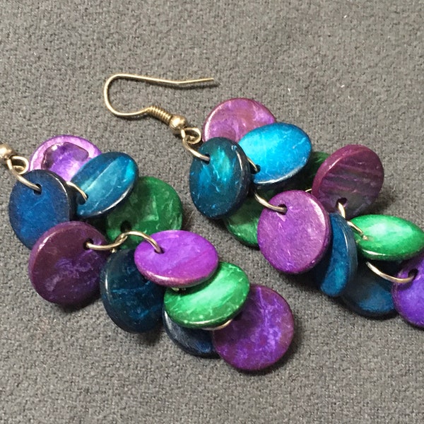 Boucles d'oreilles,bois de coco bleu canard violet vert,boho,hippie,amazonie, écologique,earrings,cascade,plante arbre,açaí tagua