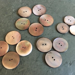 May include: A collection of 12 round, iridescent, mother-of-pearl buttons with two holes each. The buttons are various shades of brown, beige, and white.