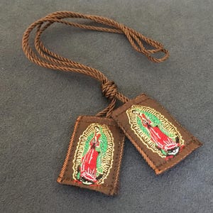 Scapular necklace, Virgin Guadalupe, fabric, Brown gold, escapulario, rosario, Mexican, crucifijo, crucifix, rosary