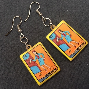 Earrings, Mexican Lottery, la borracha, day of the dead, Mexico lottery game, 50s, rectangular wood, el borracho la luna