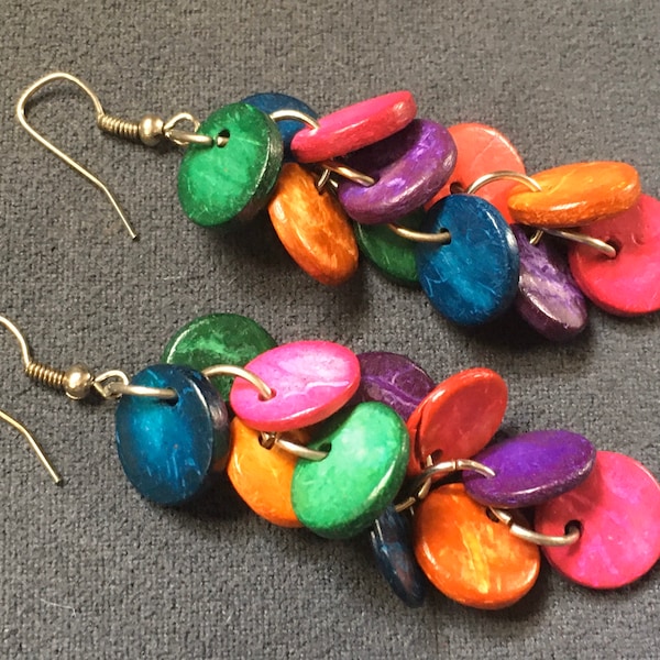 Boucles d'oreilles,bois de coco,multicolore,boho,hippie,amazonie, écologique,earrings,cascade,plante arbre,açaí tagua