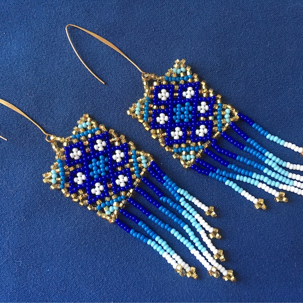 Boucles d'oreilles longues tissage perles rocaille mexicain,bleu roi turquoise or,12x3cm,shaquira,miyuki,navajo,amérindien,aztèque,cadeau